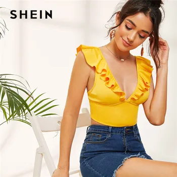 

SHEIN Yellow Sexy Plunging Neck Ruffle Trim Crop Top Women Clothes 2019 Sleeveless Summer Top Ladies Slim Fit Vest Tank Top