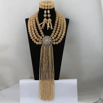 

Champagne Beads Necklace Women Fashion Jewelry Set Gold Crystal Balls Statement Necklace Set Full Wedding Beads Free Ship QW060