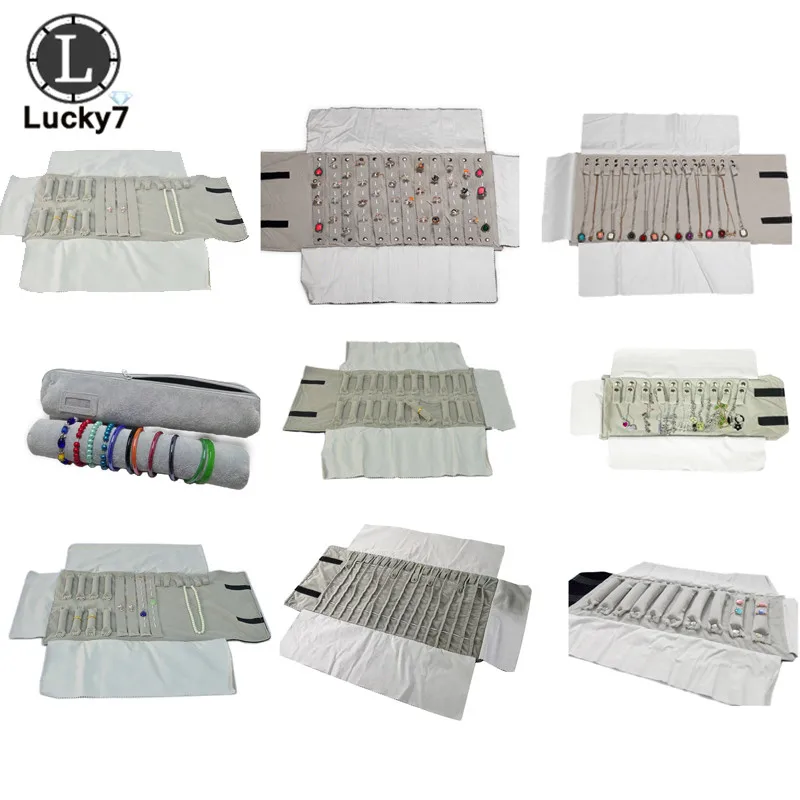 

Factory Wholesale Jewelry Roll Bag Portable Case Gray Velvet Organizer Multi Functional Necklace Rings Earrings Storage Box