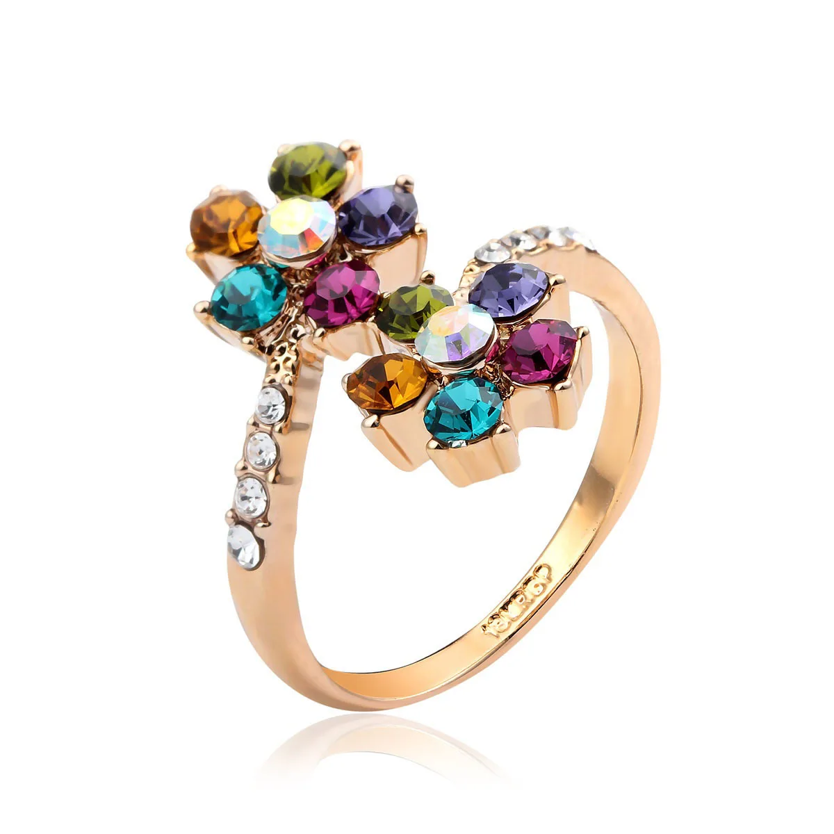 

Open Size Double Multicolor Flower Crystal Rainbow Adjustable Rings For Women Bague Yellow Gold Color Party Finger Jewelry