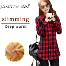 fashion feminina Long shirts tops Girls sleeve Winter Thickening Coat Lattice blouse plaid female women casual blouses