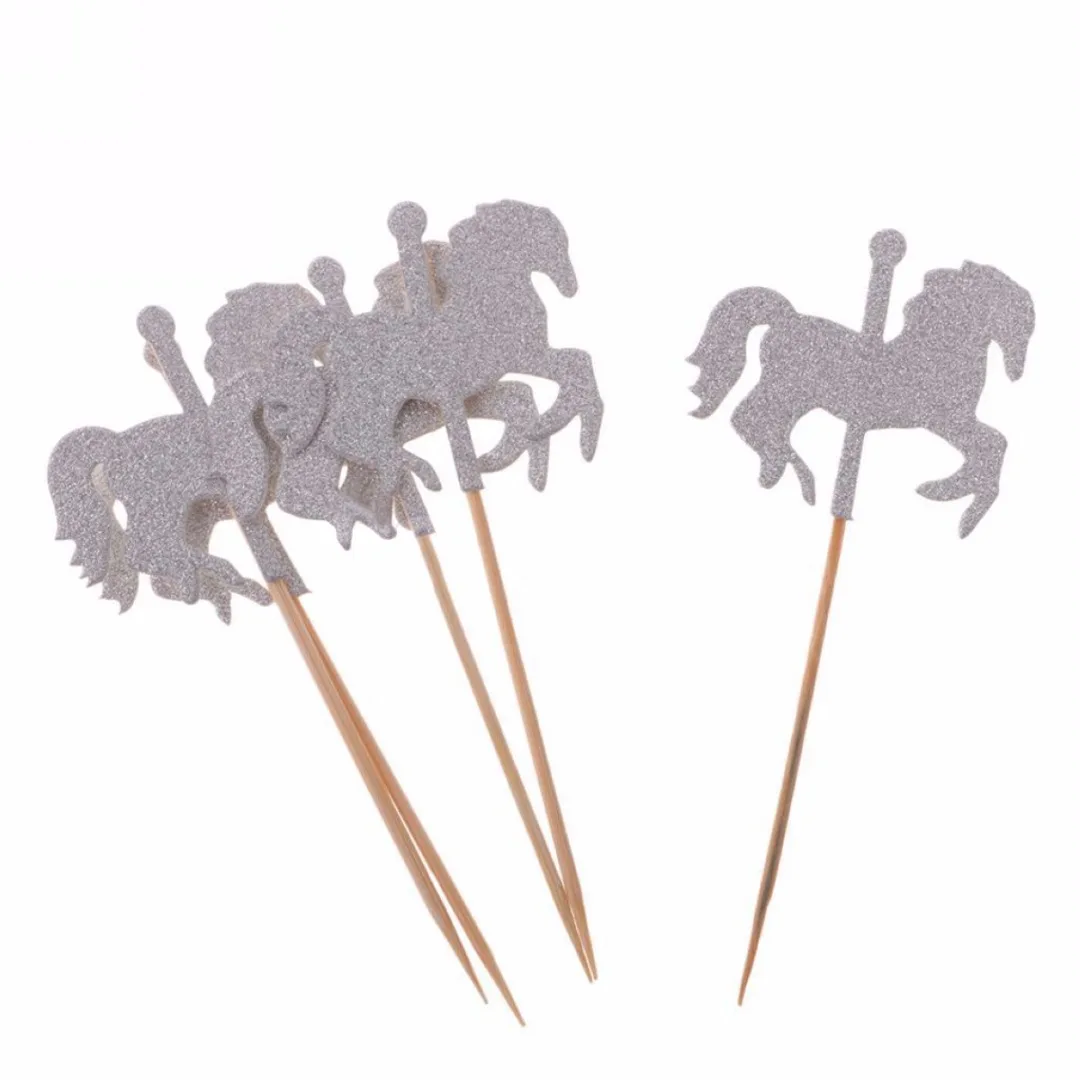 5pcs/set  Glitter Rotating Horse Cupcake Picks Cake Toppers Party Wedding Decoration Gold/Silver