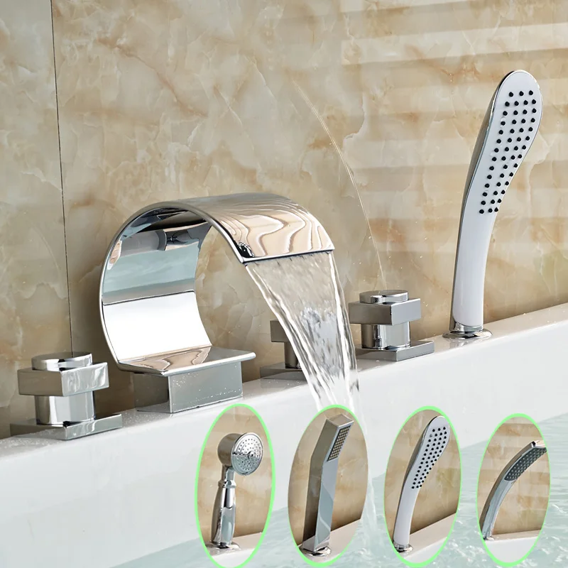 Luxury 5pcs Chrome Waterfall Bathroom Tub Faucet Deck Mount Widespread Bathtub Mixer Taps + Handheld Shower Luxury 5pcs Chrome Waterfall Bathroom Tub Faucet Deck Mount Widespread Bathtub Mixer Taps + Handheld Shower