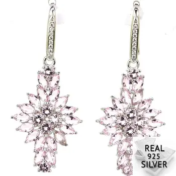 

Real 6.5g 925 Solid Sterling Silver Classic Top Long Pink Kunzite White CZ Woman's Earrings 47x20mm