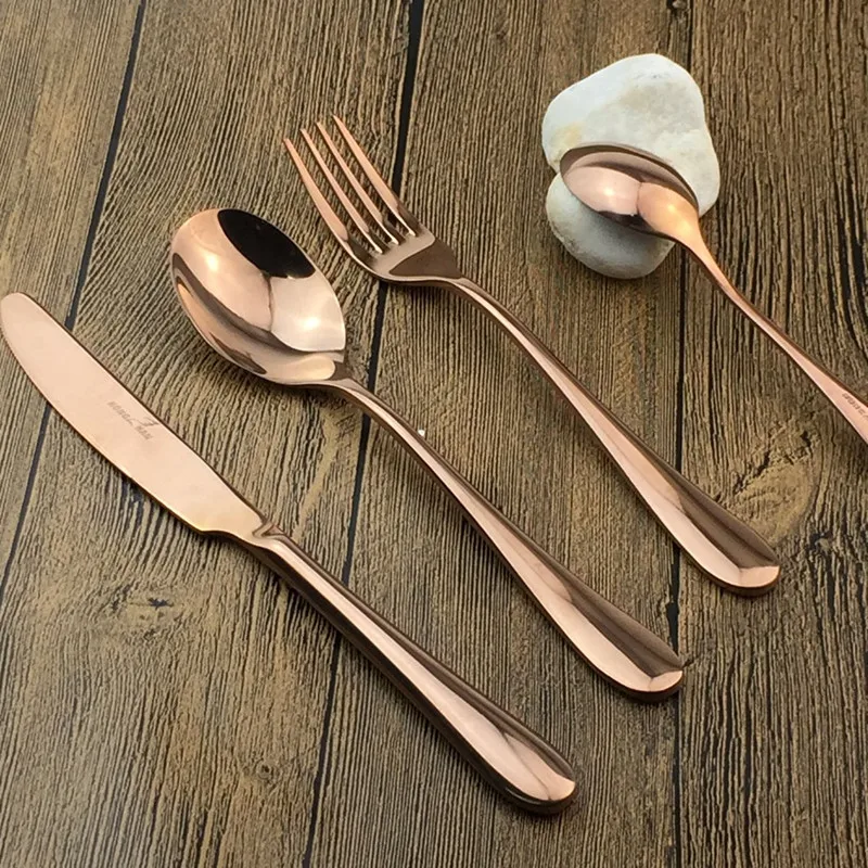 Mirror Polished Stainless Steel Rose Gold Dinnerware Elegant Tableware Set Golden Steak Knife Dinner Fork Sharp Scoop 4pcs/set | Дом и сад