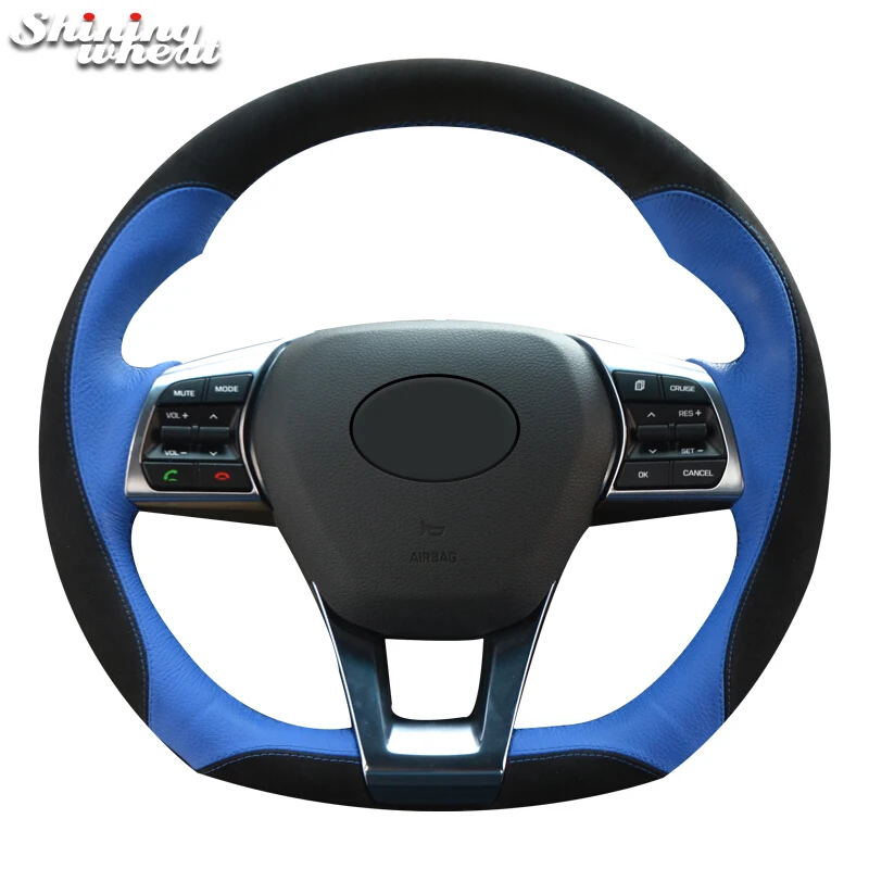 Shining wheat Black Suede Blue Leather Car Steering Wheel Cover for
