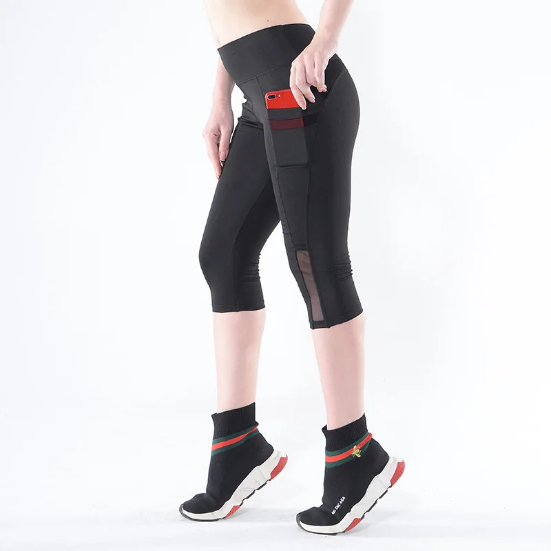 

Women Summer Short Fitness Legging Mesh Patchwork High Waist Slim Sports Capri Pants Female Running Gym Leggings With Pockets
