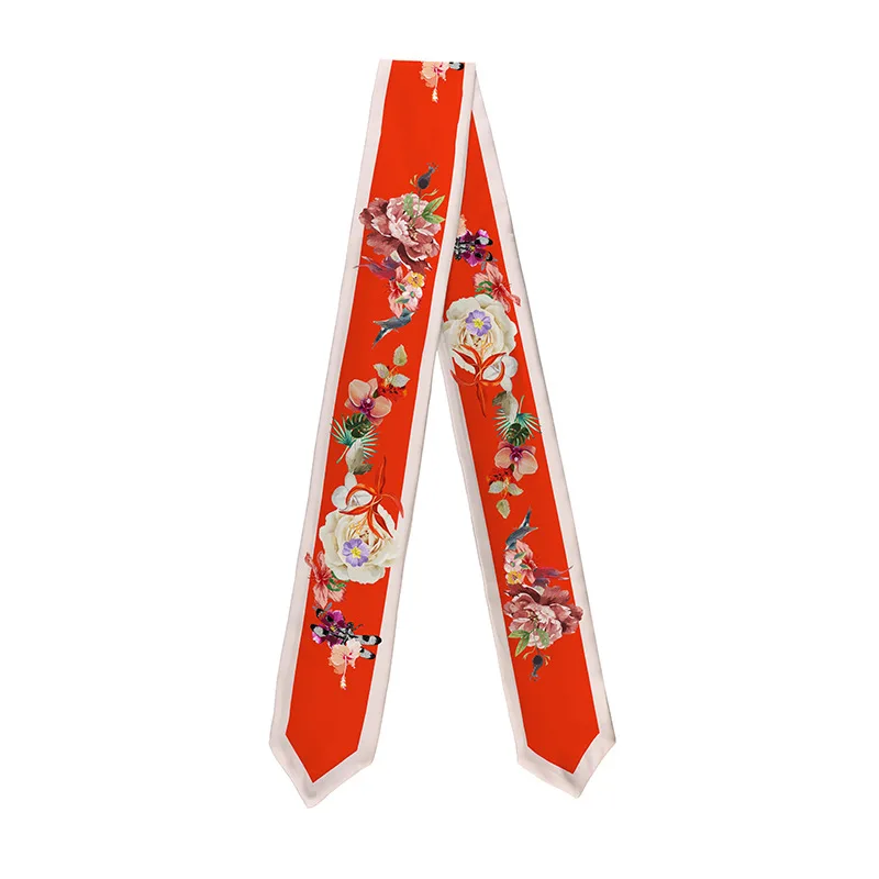 Bright Red Print Bag Handle Scarf Small Ribbon Wrist Band Lady Court