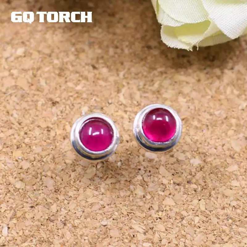 

GQTORCH Real 925 Sterling Silver Women Earring Stud Small Round Cute Red Corundum Ruby Jewelry Natural Gemstone