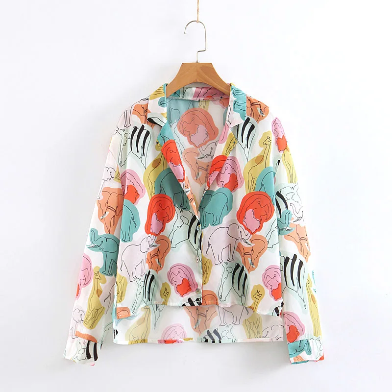 

Women chic animal pattern plus size blouse turn down collar long sleeve female casual shirts stylish loose tops blusas