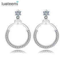 LUOTEEMI Birdal White Gold Plate New Korean Ear Jacket Design Crystal Zircon Paved Round Circle Stud Earring For Women Brinco