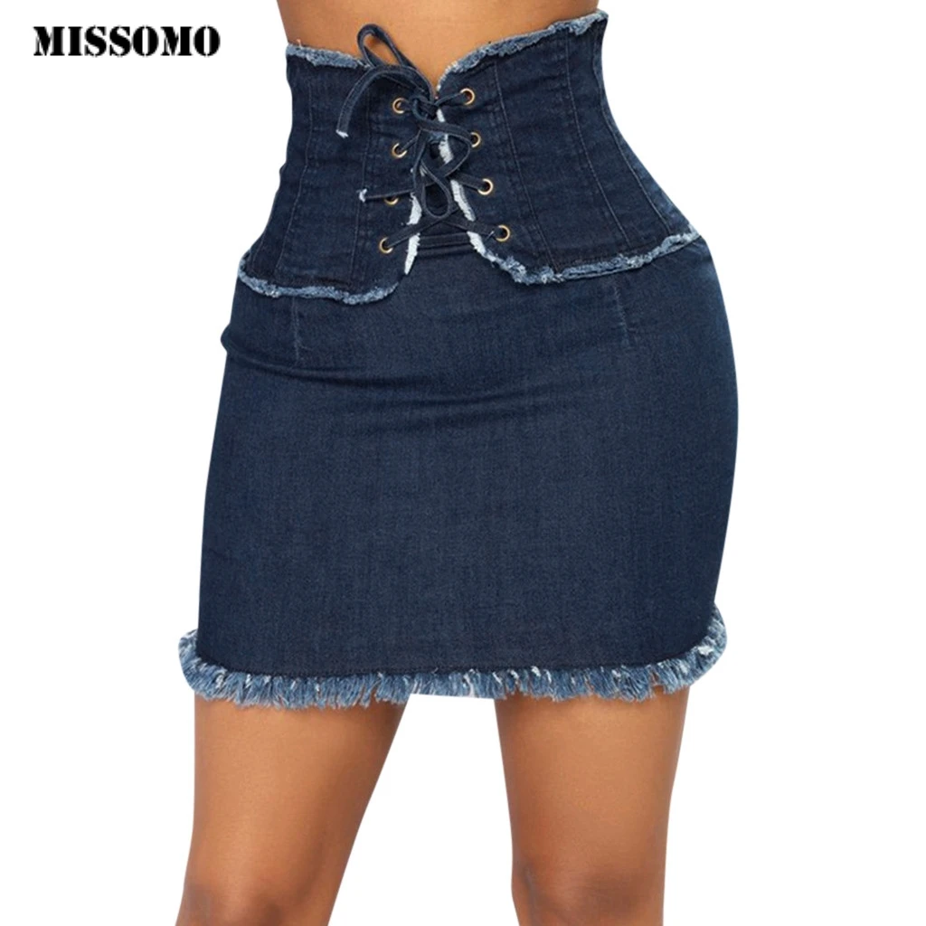 MISSOMO denim skirt women High Waist Solid Casual Denim Bodycon Lace Up
