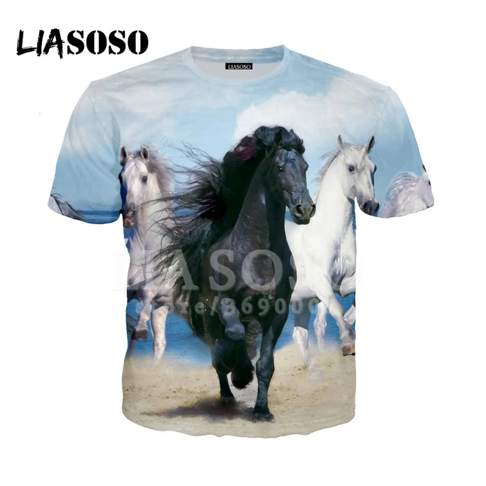 LIASOSO, 3D принт, для женщин и мужчин, крепкие лошади, снег, аниме, лошадь, футболка с животными, летняя футболка, хип-хоп пуловер, короткий рукав, X0894