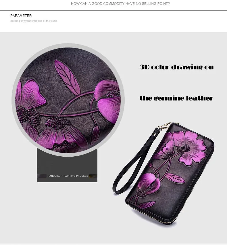 Новый 3D с цветным рисунком цветок из натуральной кожи клатч кошелек Для женщин длинные молнии RFID сумочки для сотовых телефонов держатель