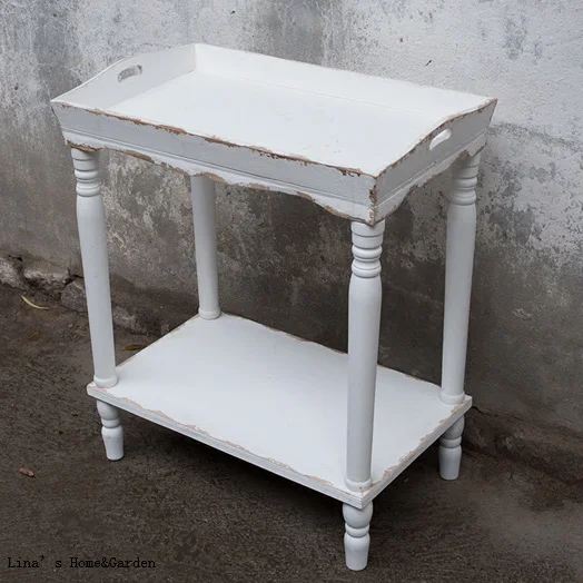 Knock down handmade shabby white wood tray table, 2 tier french garden flower pot stand (9)