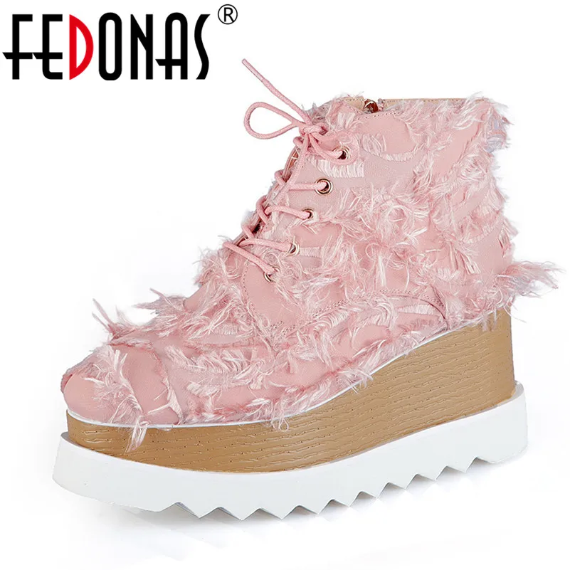 

FEDONAS 2019 New Fashion Sweet Wedges Heeled Pumps Night Club Autumn New Wedding Party Shoes Woman Lace Up Platforms Pumps