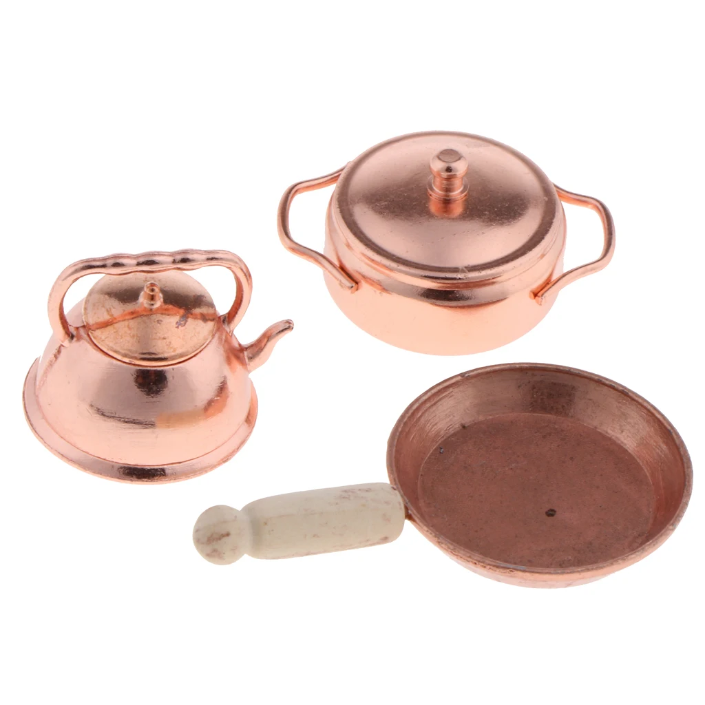 1:12 Dollhouse Miniature Bronze Frying Pan Pot Kettle Kitchen Cooking Kit