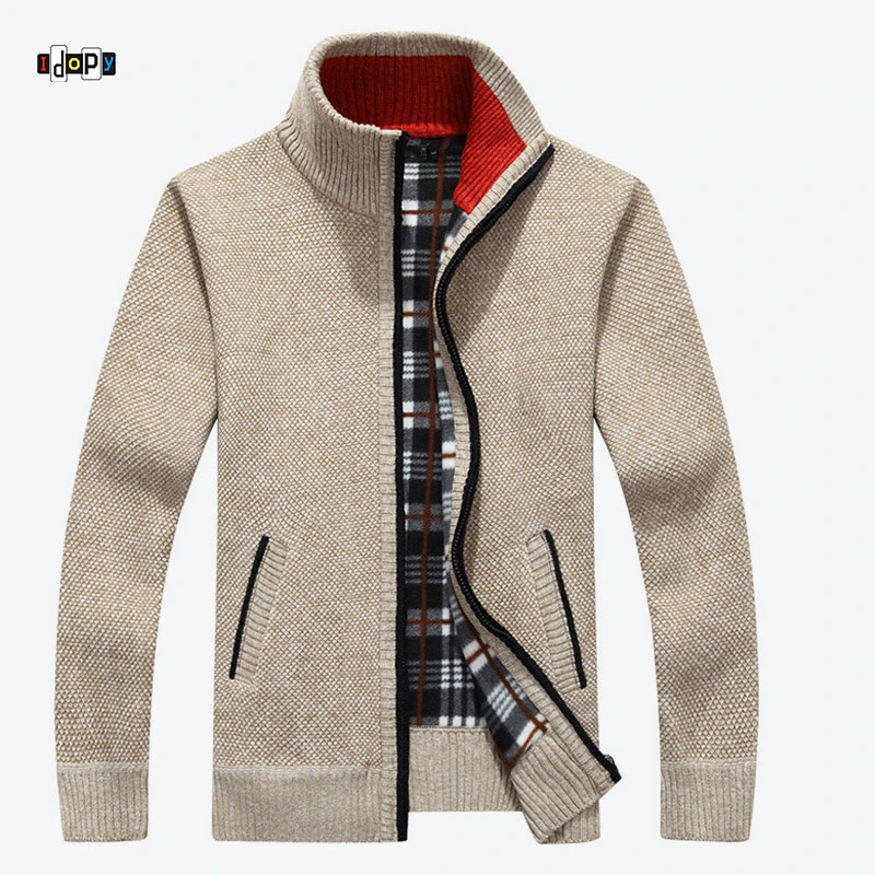 Idopy Men's Autumn Winter Warm Sweater Coat Casual Loose Stand Neck Wool Male Zipper Thick Knittwear