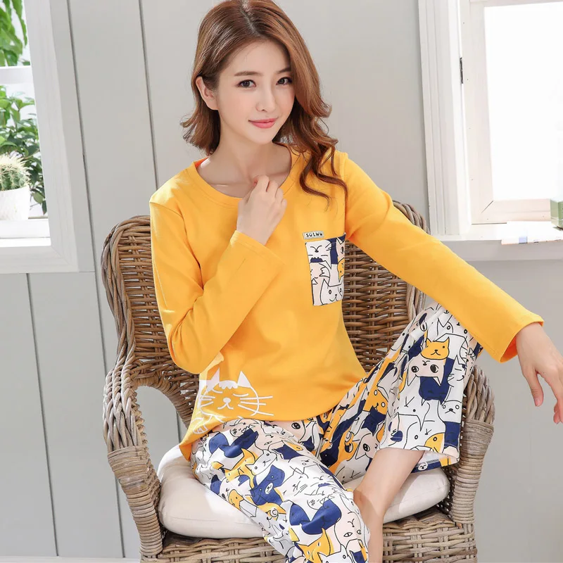 

Yidanna Women Pajamas Set Cute Cartoon Sleep Clothing Long Sleeved Autumn Sleepwear Casual Female Nightwear Lady Cotton Nighty