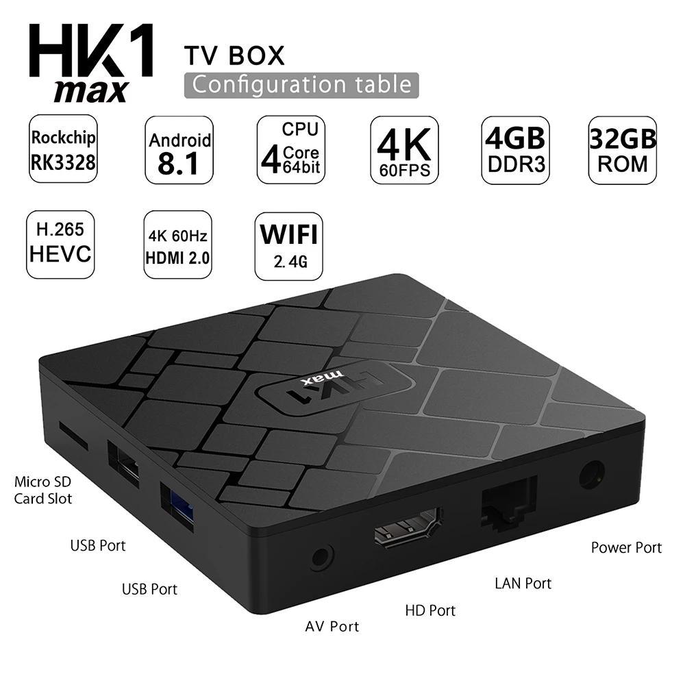 

HK1 MAX TV Box Android 8.1 Smart Set top box Rockchip RK3328 4GB 32GB Quad Core 2.4G WiFi 100Mbps USB3.0 Support 4K H.265 pk x96