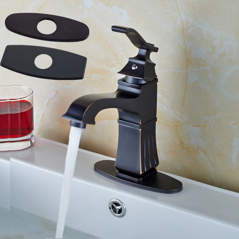 Free postage Bathroom Single Handle Vanity Sink Faucet Deck Mount Black Square Hot and Cold Mixer Taps + 6