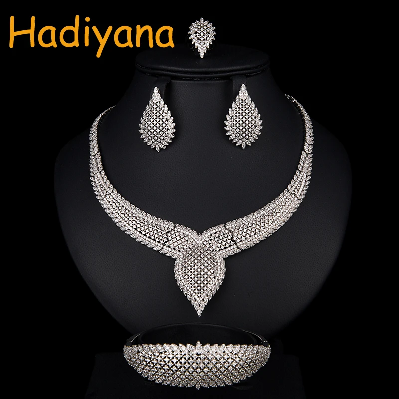 

Hadiyana Copper Cubic Zirconia Wedding Jewelry Sets Women Bridal 4pcs Necklace Bracelet Earring And Rings Set Anniversary CN765