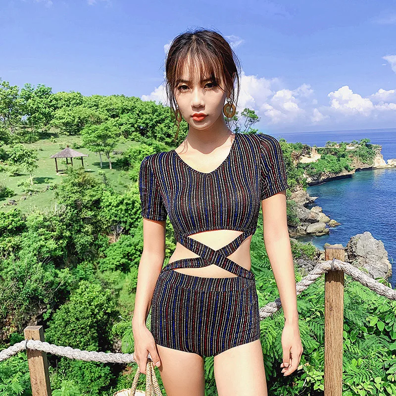 

Swimming Suit For Girls Woman Bikini 2019 Swimsuits Swimwear Women New Korean Ins High Waist Split Sexy Print Polyester Sierra