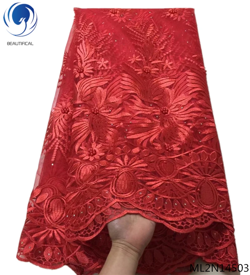 

BEAUTIFICAL Red bridal lace fabrics 2019 special offer nigerian net lace embroidery fabrics with beads + stones 5yards ML2N145