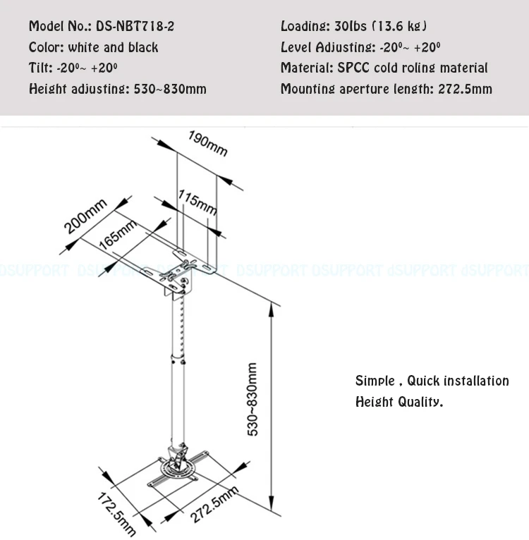 Dsupport универсальная подставка для проектора T718-2 кронштейны для проектора длина от потолка 530-830 мм загрузка 30Ibs(13,6 кг