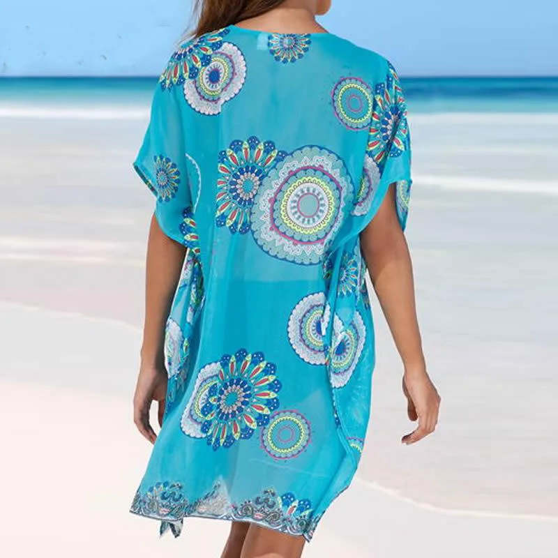 Пляжное платье на шнуровке с v-образным вырезом, открытая Пляжная накидка, шифоновая Женская туника, Синий принт, пляжная одежда, накидка, летние платья для женщин