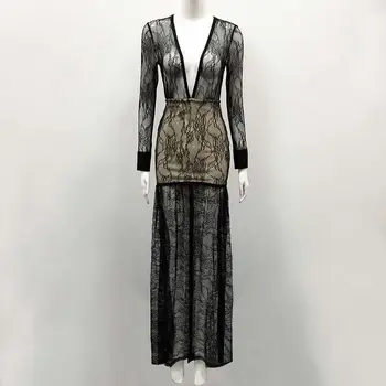 

High Quality Celebrity Fashion Dress Long Sleeve Deep V-Neck Long Dress Red Carpet Dress Wholesale