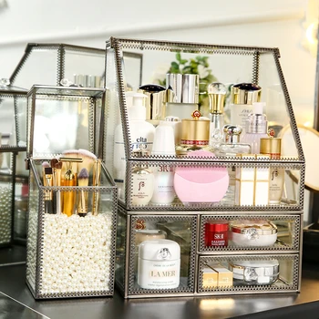 

New Copper dustproof glass and metal makeup cosmetic perfume box with drawer copper dustproof glass makeup cosmetics drawer box