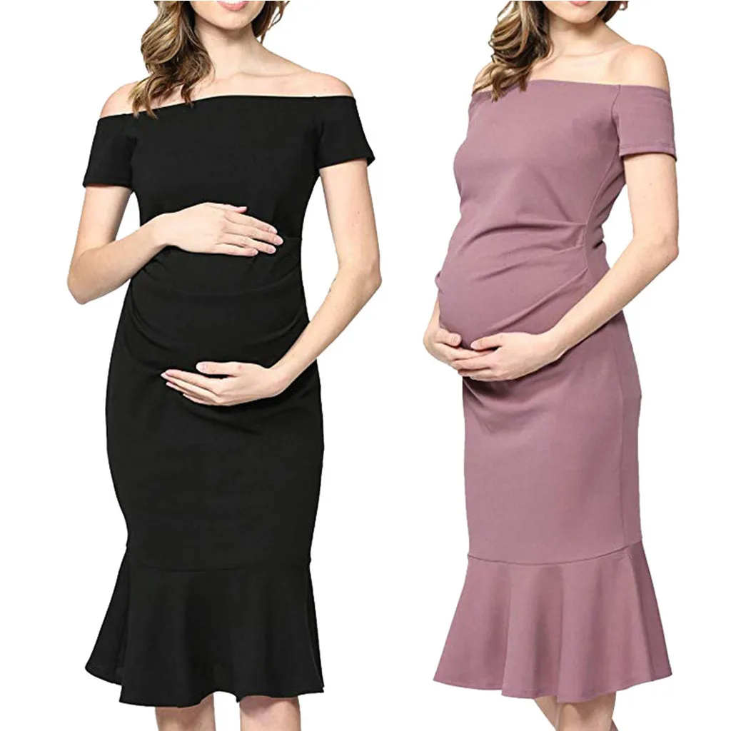 Женское платье для беременных с открытыми плечами с коротким рукавом и оборками летнее однотонное платье для беременных летние платья женские Vestido Gestante