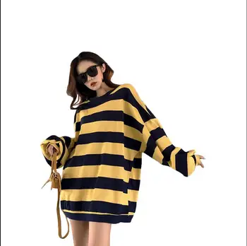 

Autumn fashion loose wide striped puff sleeve casual t-shirt