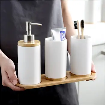 

Promotion Bathroom Set White Black Ceramics Mouth Cup Toothbrush Holder Lotion Bottle For Toothpaste Bamboo Storage Board