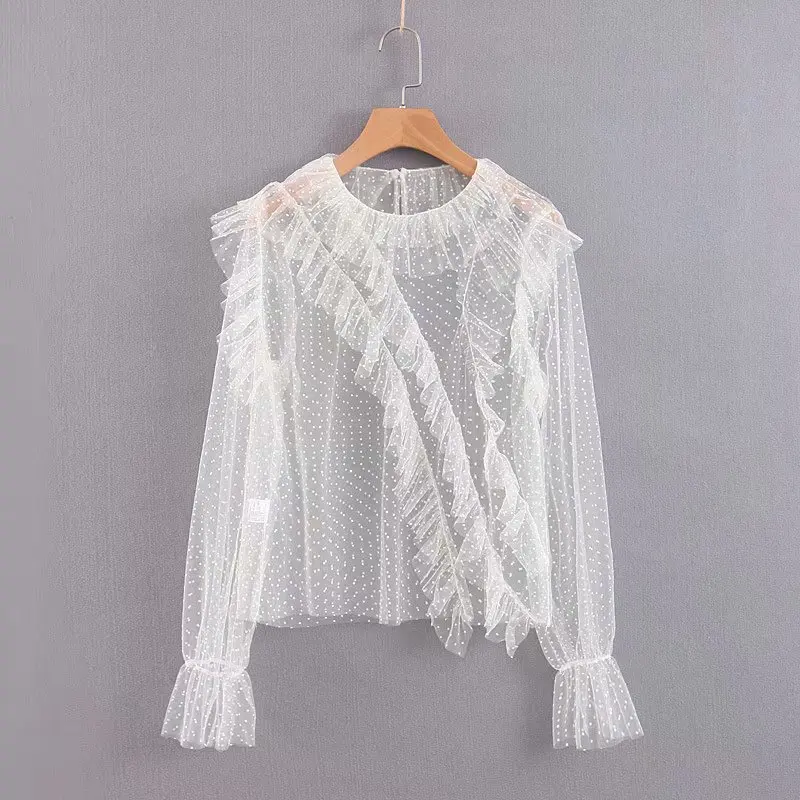

Women See Through Blouse Mesh Ruffles Long Sleeve Summer White Tops 2019 blusas Polka Dot Shirts