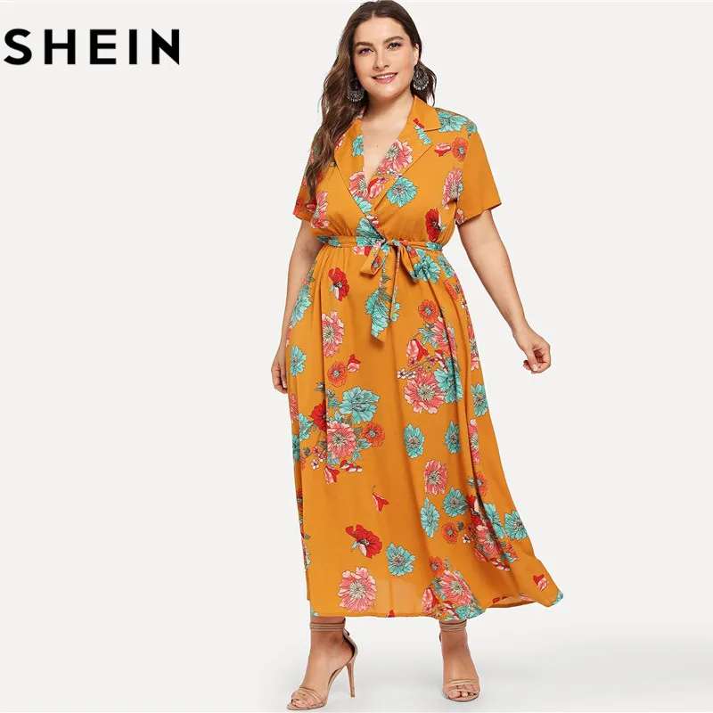 SHEIN Floral Print Bohemian V Neck High Waist Plus Size Maxi Dresses 2018 Mustard Notch Collar Belted Botanical Beach Long Dress