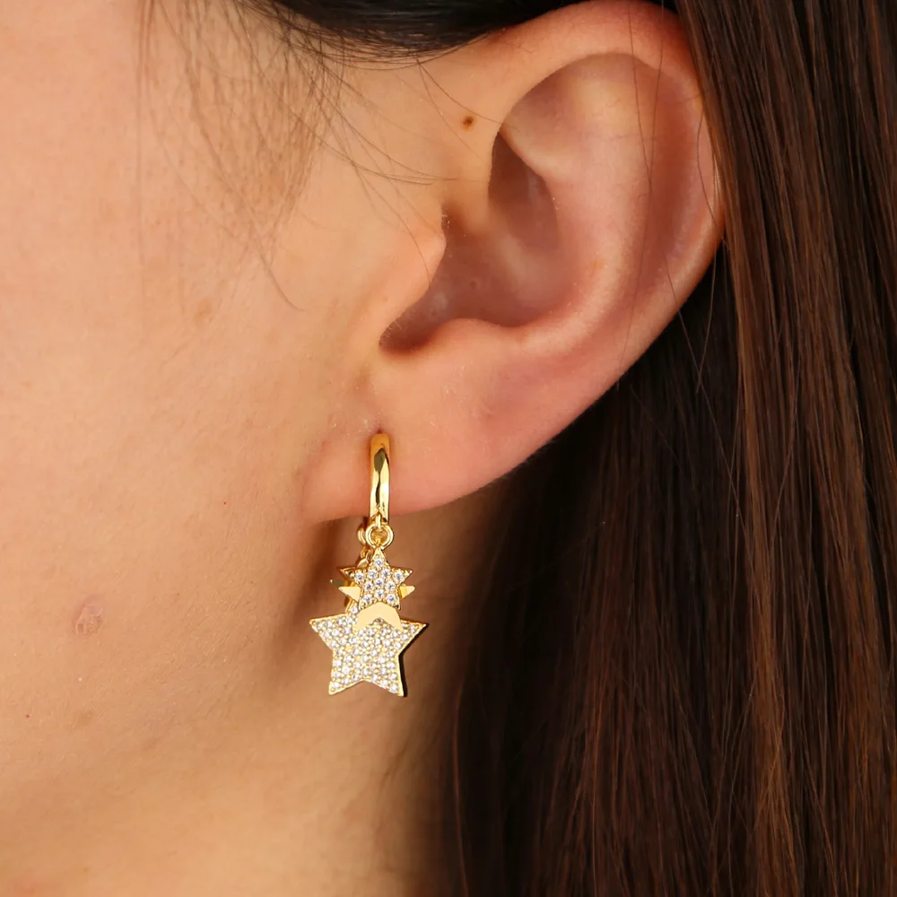 

Gold silver Color cute mini cz star Dangle Earring with Shiny clear cz Different sizes star For Women luxury charm party Jewelry