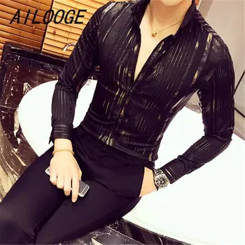 

AILOOGE Gold Shirt Men 2017 New Long Sleeve Black White Navy Party Club Sexy Night Bar Stage Clothing Male Shirt Chemise Homme