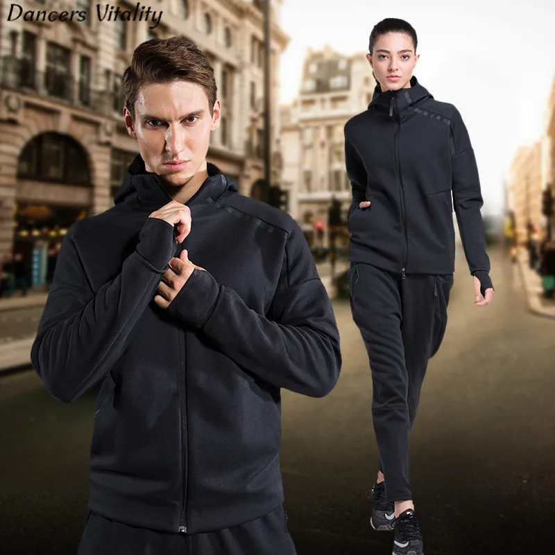 

2 piece Spring and autumn winter type men sport suit women running sportswear Hoody running thickened top quality jersey