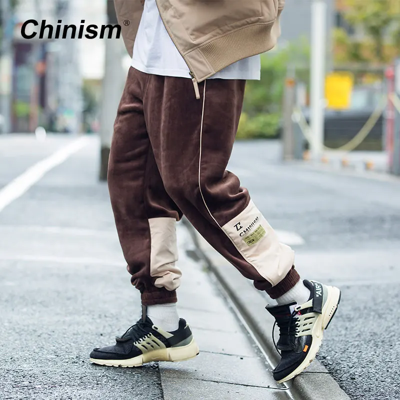 CHINISM 2018 зимние велюровые Лоскутные Спортивные штаны для бега мужские свободные