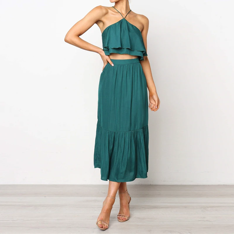 Women Two Piece Halter Neck Sleeveless Crop Tops+A-Line Skirt Set Lady Sexy Beach Party Dress Sets Woman Black Green Skirt Suit