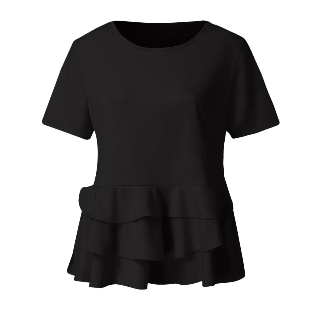 Women Short Sleeve Vintage Layered Ruffle Hem Fit Solid Peplum Blouse Shirt Top