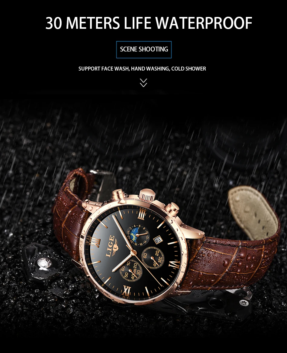 LIGE Mens Watches Top Brand Luxury Fashion Watch Men Leather Quartz Clock For Male Auto Date Rose Gold Shell relogio masculino