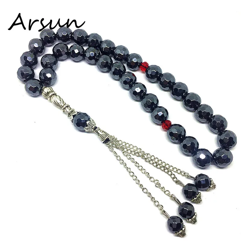 

100% Original Natural Faceted Hematite Stone Muslim 33 Prayer Beads Islamic Allah Prayer Rosary Tesbih Islam Misbaha