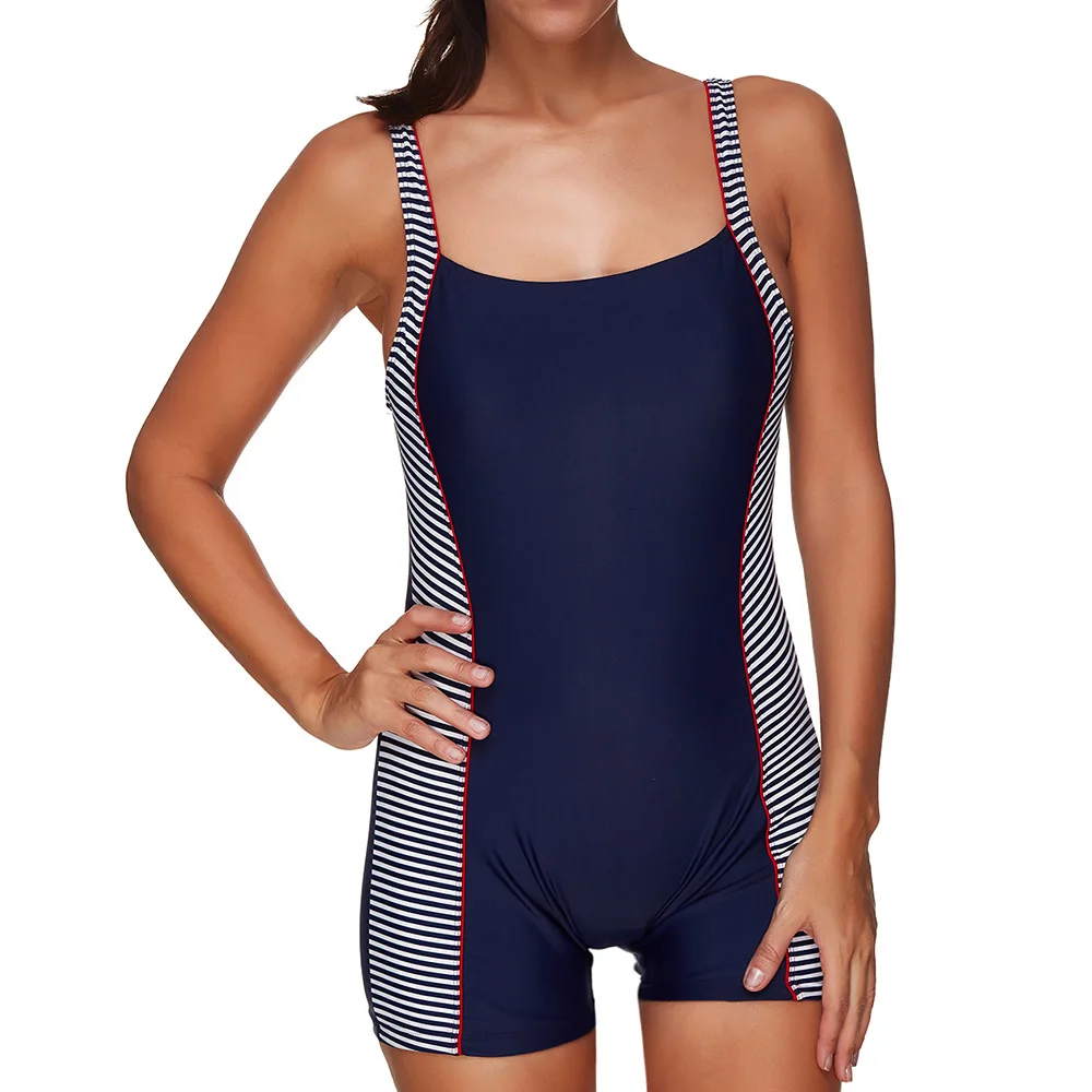 

2019 Printed Stripe Patchwork Solid Double Shoulder Strap Open Back One-piece Suit Swimsuit Women Swimwear Bathing Suit Maillot