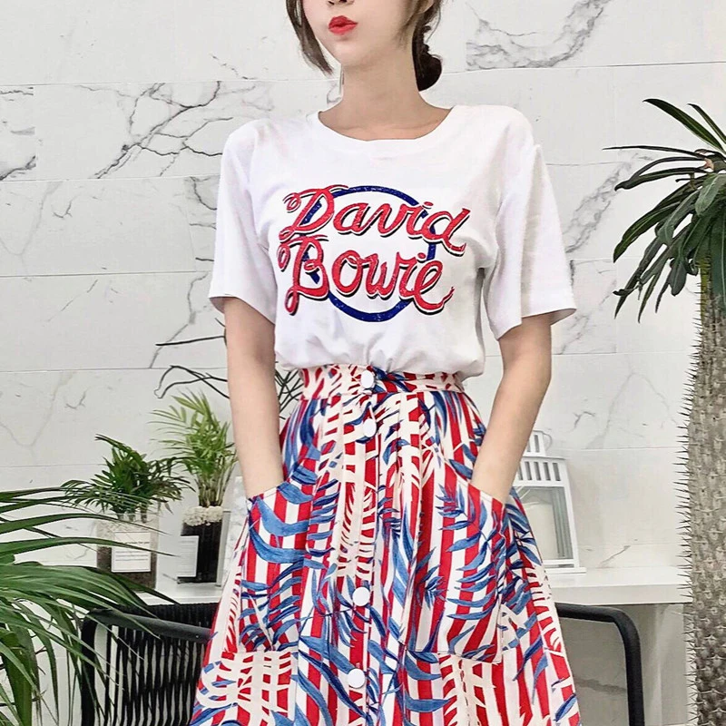 

Women Summer Casual Two Piece Set Letter Print Short Sleeve Top with Single Breasted Elastic Waist A-line Skirts Dames Kleding