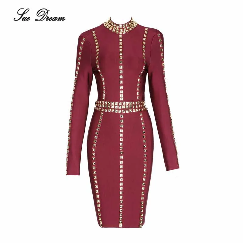 

2017 new women Chic Luxe Gold Metal Embellished Long Sleeves Sheath bandage dress spring evening party celebrite party dresses