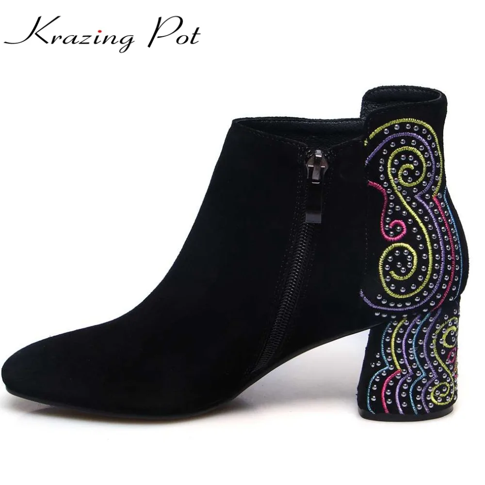 Krazing Pot embroider rivets flowers thick high heels women square toe lady warm zipper young lady high quality ankle boots L20