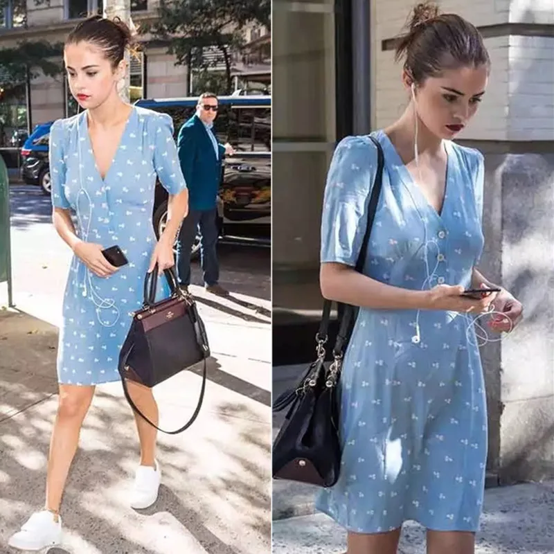 yinlinhe Light Blue V neck Summer Dress Short Sleeve Slim Elegant Women Dress Button Fashion Ladies Ruffles Vestido    7